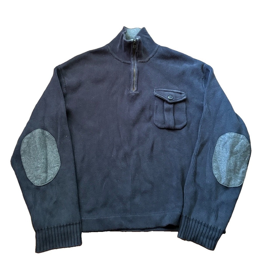 Orvis Mens Blue Quarter Zip Pullover Sweater Elbow Patches Large